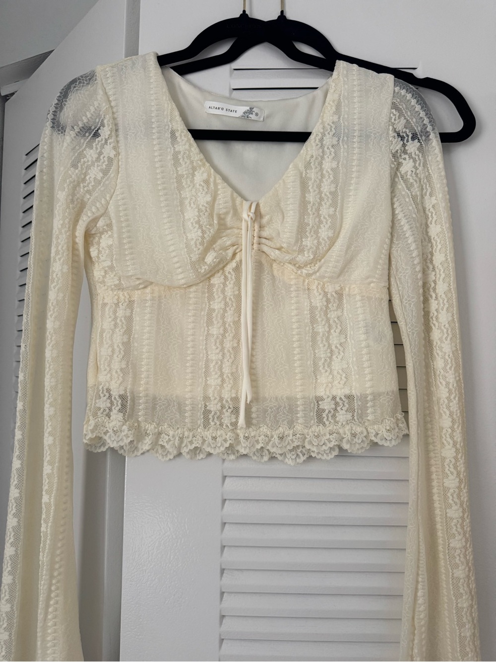 Altar'd State Cream Lace Long-Sleeve Drawstring Crop Top